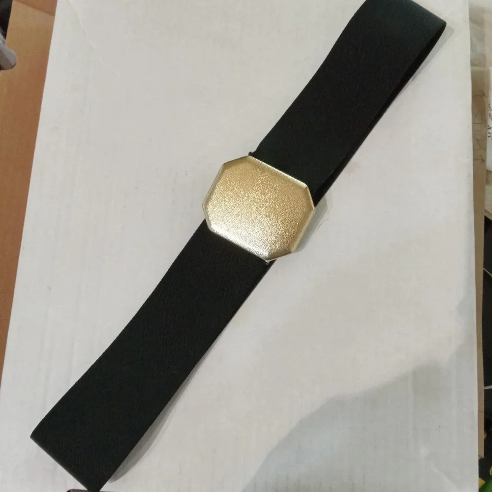 Vintage Black Elastic Cinch Belt Gold Textured Octagon Buckle Wide Stretch Retro